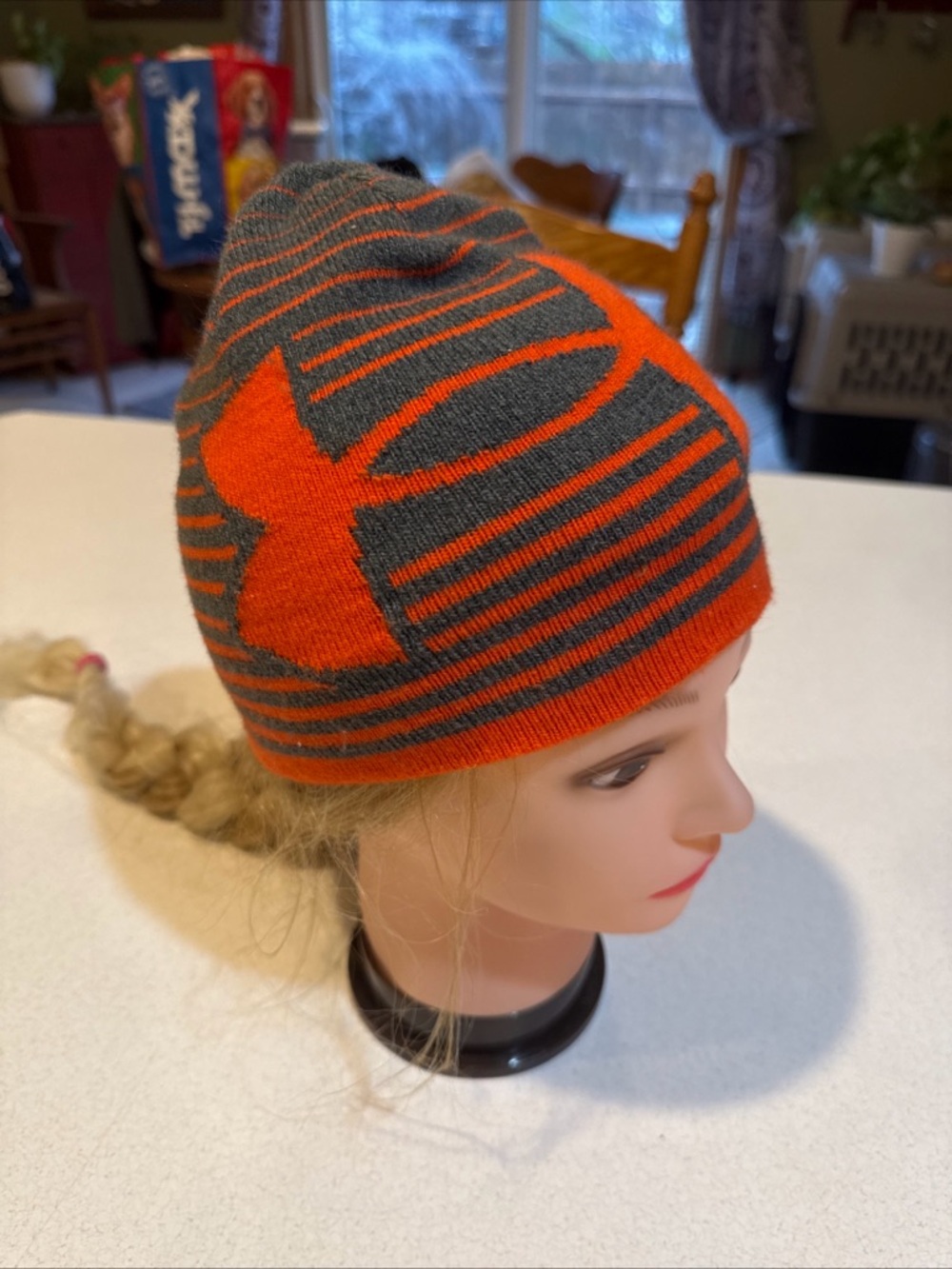 Under Armour Kids Orange and Gray Striped Logo Beanie